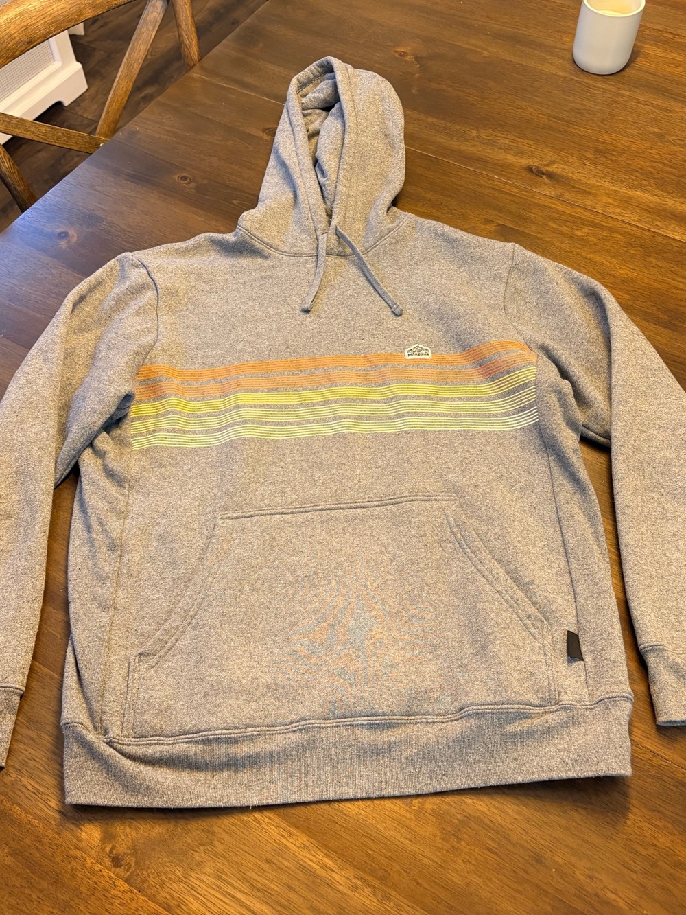 Patagonia Gray Hoodie with Orange and Green Stripes